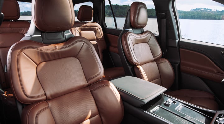 The front row's Perfect Position Seats in a 2024 Lincoln Aviator® Reserve model with Ebony Roast interior | Jenkins & Wynne Lincoln in Clarksville TN