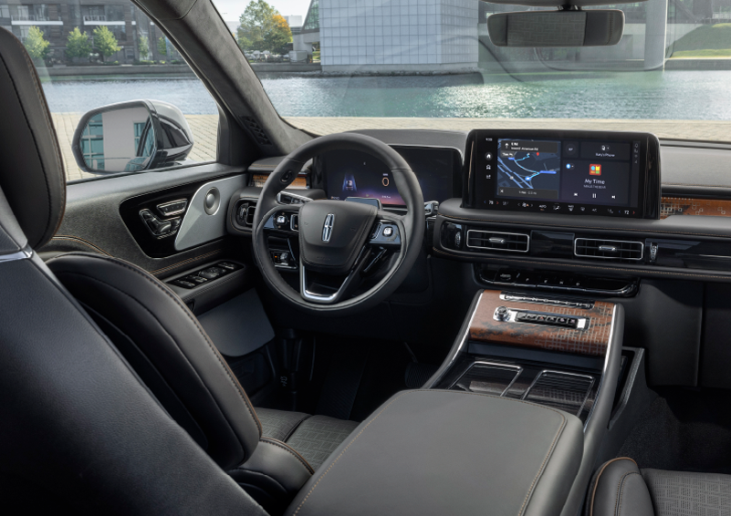 The interior of the 2025 Lincoln Aviator® SUV is shown parked with a view of a harbor through the windshield. | Jenkins & Wynne Lincoln in Clarksville TN